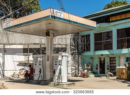 Manoc-manoc, Boracay, Philippines - March 4, 2019: Small Aky Gas Station With Mechanicla Service Bui