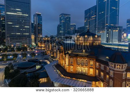 Marunouchi, Tokyo - September 1, 2019 : View Of The Tokyo Station In Marunouchi During  Blue Hour. M