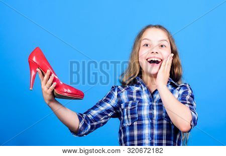 Buy By Phone. Shoe Maker Service. Happy Childhood. Small Girl With Stylish Shoes. Happy Child Hold F