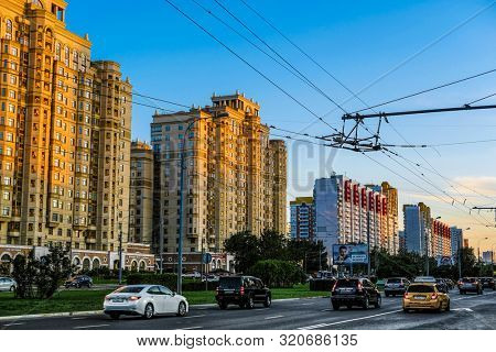 Moscow, Russia - August, 28, 2019: traffic in Moscow, Russia on Michurin prospect at sunset