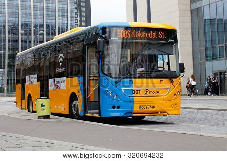 Copenhagen, Denmark - September 4, 2019: One Yellow Bus At The Metro Station Orestad In Service For 