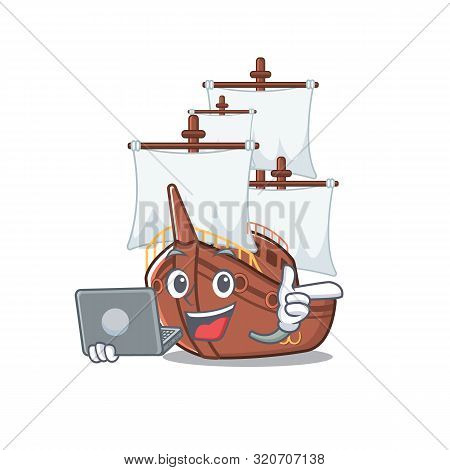 With Laptop Pirate Ship Isolated With The Cartoon