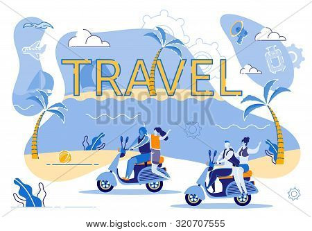 Motorcycle Travel Along Coast An Exotic Island. Two Young Loving Couples Travel By Moped Along Ocean