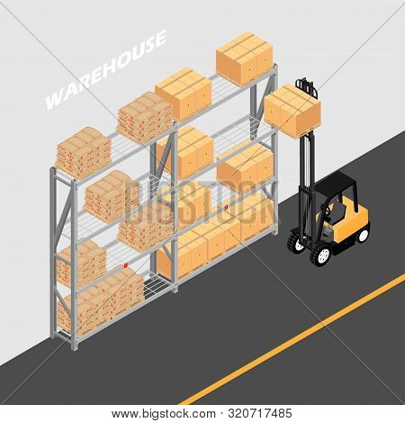 Warehouse Interior With Shelves, Pallets, Forklift And Boxes. Logistic Delivery Service Concept