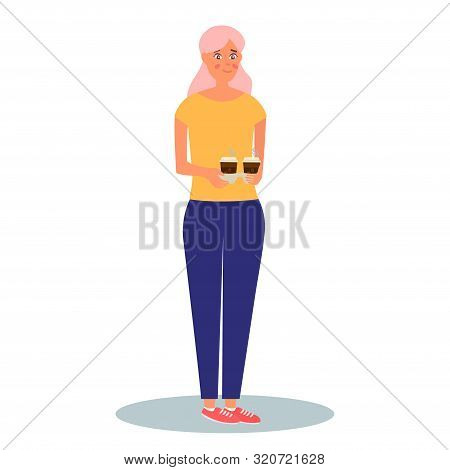 Cute Smiling Woman Holding Two Cups Of Coffee. Vector Illustration On White Background In Cartoon St