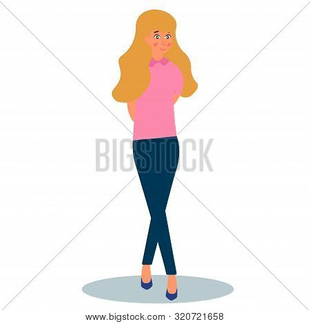 Cute Smiling Woman Standing In Stylish Pose. Cross-legged Girl. Vector Illustration On White Backgro