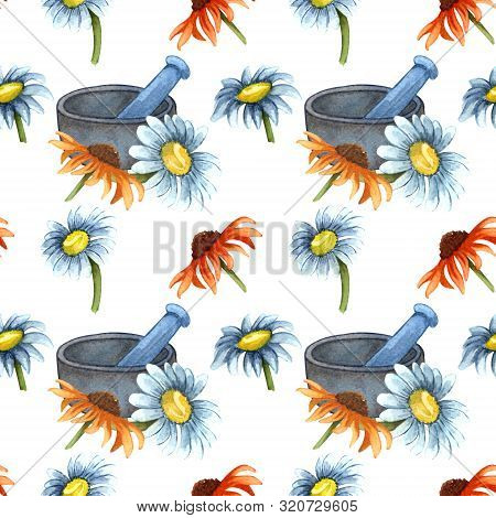 Watercolor Medical Seamless Pattern Of Herbs (chamomile, Calendula) In Clay Bowl. Watercolor Hand Dr
