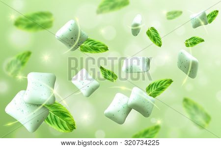 Mint Flavor Gum With Leaf Mint On Light Green Background. Vector Realistic Illustration