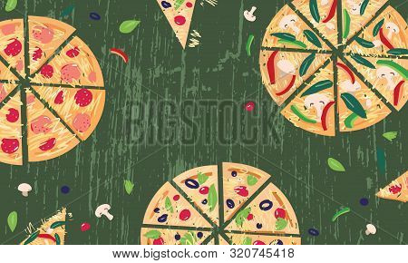 Pizza Slices With Salami Tomato Pepper Olives On The Kitchen Table With Fresh Ingredients With Textu