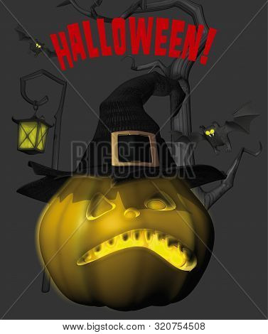 3d Toon Spooky Halloween Pumpkin In Hat