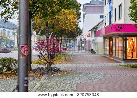 Buchloe, Germany - Oktober 09, 2018: Deserted Street In A Small European City In The Morning In The