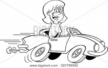 Black And White Illustration Of A Women Driving A Sports Car.