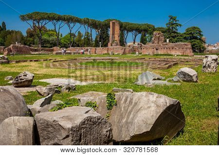 Rome, Italy - April, 2018: Peristyle With Octagonal Island At The Flavian Palace Also Known As The D