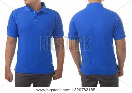 Blank Collared Shirt Mock Up Template, Front And Back View, Asian Male Model Wearing Plain Blue T-sh