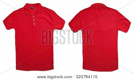 Blank Collared Shirt Mock Up Template, Front And Back View, Isolated On White, Plain Red T-shirt Moc