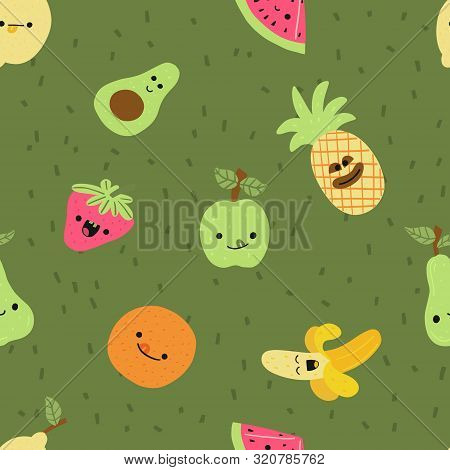 Bright Banner Seamless Pattern Fruit, Cartoon. Useful Summer Juicy Fruits. Multi-colored Funny Kawai
