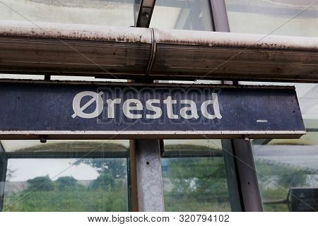Copenhagen, Denmark - September 4, 2019: Railroad Station Orestad Name Sign.