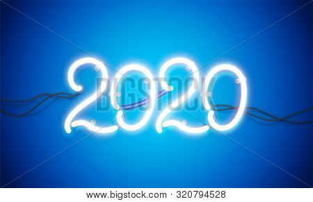 Glowing Neon Sign 2020 With Wires, Tubes And Brackets. Vector Element For New Year Card, Logo Or Oth