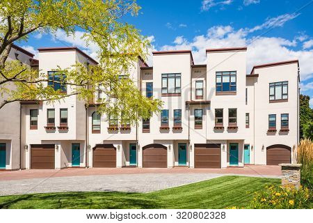 Residential Townhouses With Decorative Acacia Tree In Front