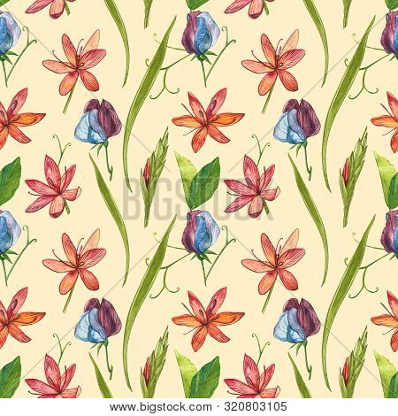 Kafir Lilies Flowers. Seamless Patterns. Collection Of Hand Drawn Flowers And Plants. Botany. Set. V