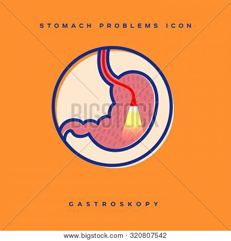 Stomach Problem Icon. Stomach Gastroscopy Study. Linear Icons In A Circle. Medicine Pictures.