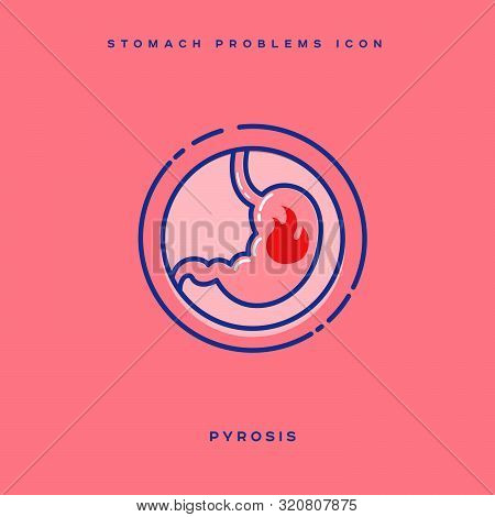 Stomach Problem Icon. Stomach Heartburn, Pyrosis. Linear Icons In A Circle. Medicine Pictures.