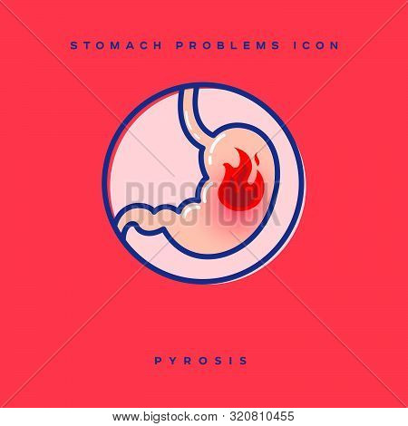 Stomach Problem Icon. Stomach Heartburn, Pyrosis. Linear Icons In A Circle. Medicine Pictures.