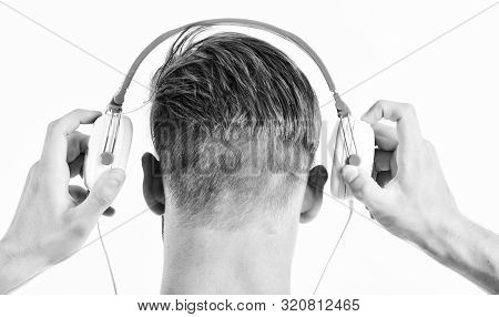 Sale Discount. Man Listening Music Headphones White Background. Modern Technology. Music Taste Conce