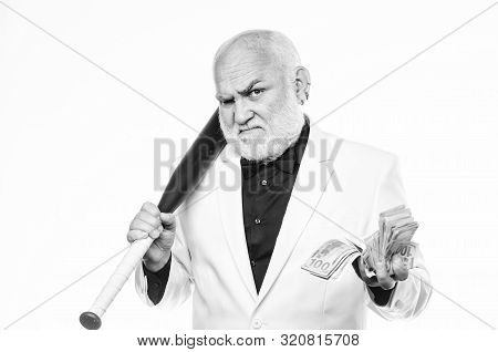 Senior Man Hold Cash Money And Baseball Bat. Richness Wellbeing. Successful Businessman. Brutal Busi