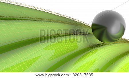 Black Glossy Sphere Over A Green Waving Sufrace - 3d Rendering Illustration