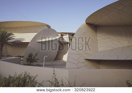Doha Qatar - July 10 2019;national Museum Of Qatar Unusual But Striking Design Form Is Inspired By D