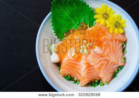 Salmon Sashimi With Salmon's Egg (ikura) In Bowl.