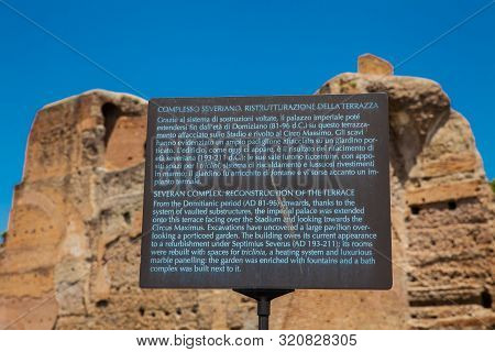 Rome, Italy - April, 2018: Sign At The Ruins Of The Palace Of Septimius Severus Or Domus Severiana O