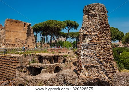 Rome, Italy - April, 2018: Tourists Visiting The Ruins Of The Palace Of Septimius Severus Or Domus S
