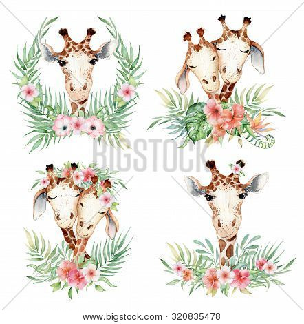Cute Watercolor Geraffe With Tropical Flowers Card Hand Drawn Illustration
