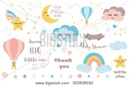 Baby Shower Elements Cute Design Element For Nursery Moon Cloud Star Rainbow Ribbon Icon Vector Set