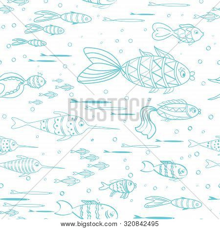 Seamless Sketch Fish Pattern Made In Decorative Doodle Style.