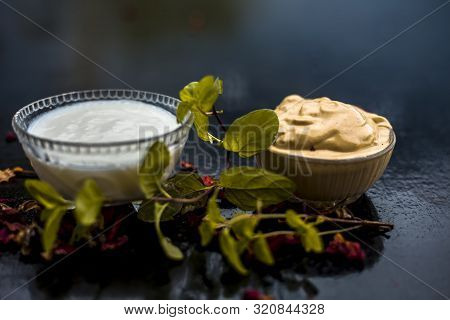Homemade Diy Face Mask On The Wooden Surface Consisting Of Yogurt,multani Mitti Or Mulpani Mitti (fu