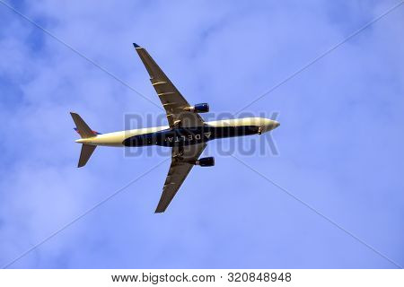 Tel-aviv, Israel, 20.02.2018. A Delta Airlines Passenger Jet Is Seen From Below As It Flies Over Tel