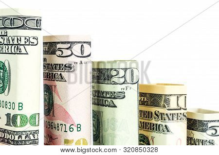 Declining Steps Made Of Blocks Of All American Dollar Denomination Banknotes In One Row On White Bac