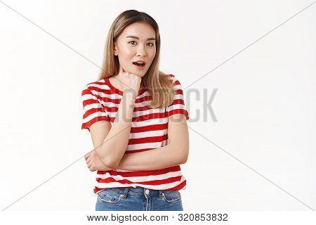 Amazed Talkative Pretty Asian Blond Female Student Open Mouth Gasping Surprised Listen Amused Shocki
