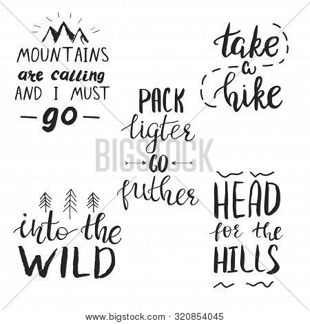Set Of Quotes Related To Travel In Mountains, Camping And Hiking