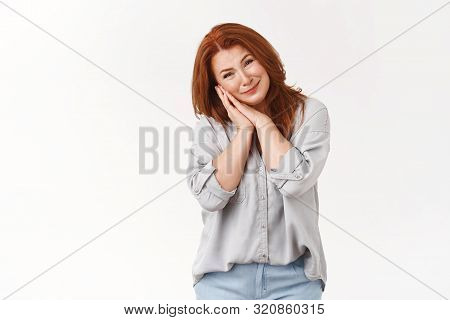 How Sweet. Tender Touched Elegant Happy Redhead Middle-aged Woman Feel Appreciation Watch Heartwarmi