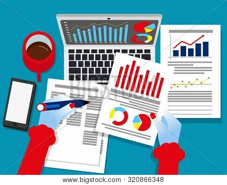 Analyst Business. Auditor Working On Statistical Data Paper Documents. Concept Business Vector Illus