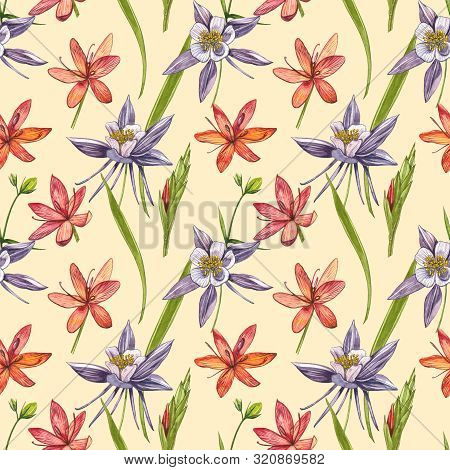 Kafir Lilies Flowers. Seamless Patterns. Collection Of Hand Drawn Flowers And Plants. Botany. Set. V