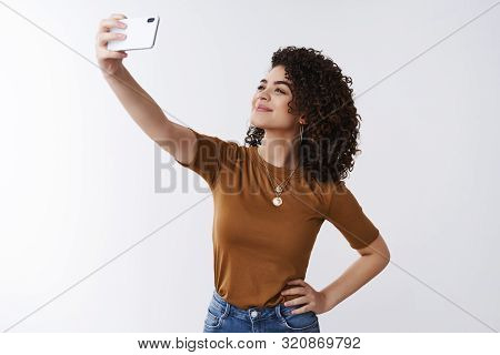 Sharing Positive Emotions Internet Audience. Attractive Cheerful Stylish Lifestyle Female Blogger Ex