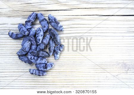 Honeysuckle Berry Or Woodbine On Light Coloured Wooden Background. Close Up View.