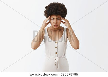 My Mind Gonna Blow Up From Headache. Intense Upset African American Woman In Stylish Symmer Overalls
