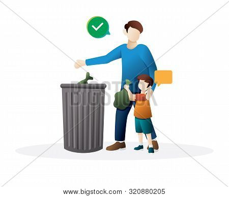 Little Boy Throws A Garbage Into The Trash Can. The Concept Of Caring For The Environment And Sortin