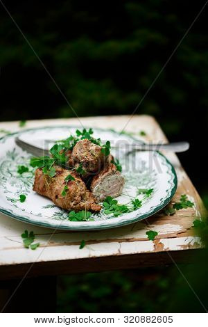 Veal Saltimbocca With Sorrel..selective Focus. Style Rustic